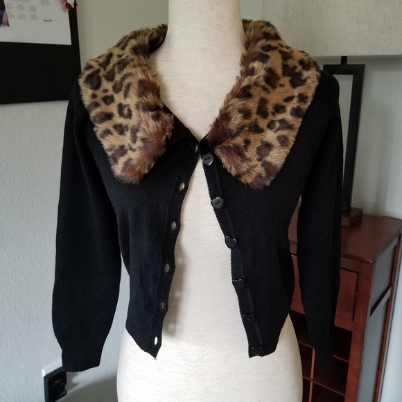 Collectif Sweaters - Collectif Black Cardigan with Fur Collar, NEW